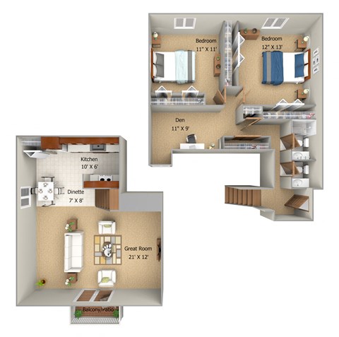 2 Bedroom with Den 1.5 Bath 1150 sqft with furniture at Woodmere Townhomes, Cedarburg, WI